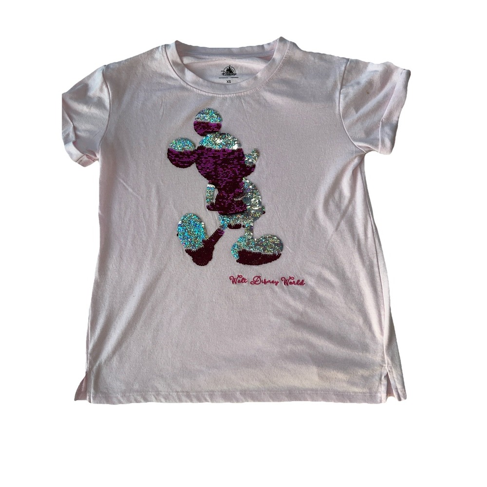 Disney Parks Walt Disney World Mickey Mouse Reversible Sequin T-Shirt Pink XS